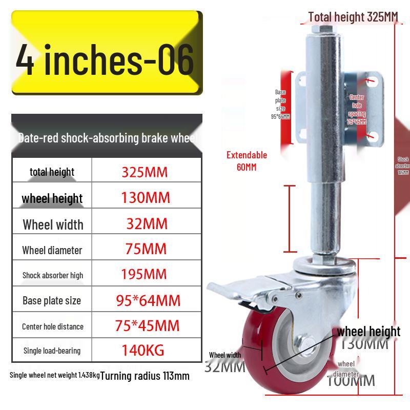 Shock-Absorbing Rubber Silent Wheel Caster (2" to 5") - Polyurethane with Spring Mechanism