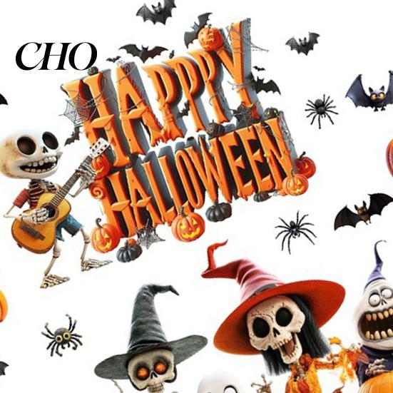 Waterproof Window Decorations Halloween Cling PVC Guitar Skeleton Ghost Pumpkin Spider Stickers Bat Static Glass Sticker Holiday Party Decoration