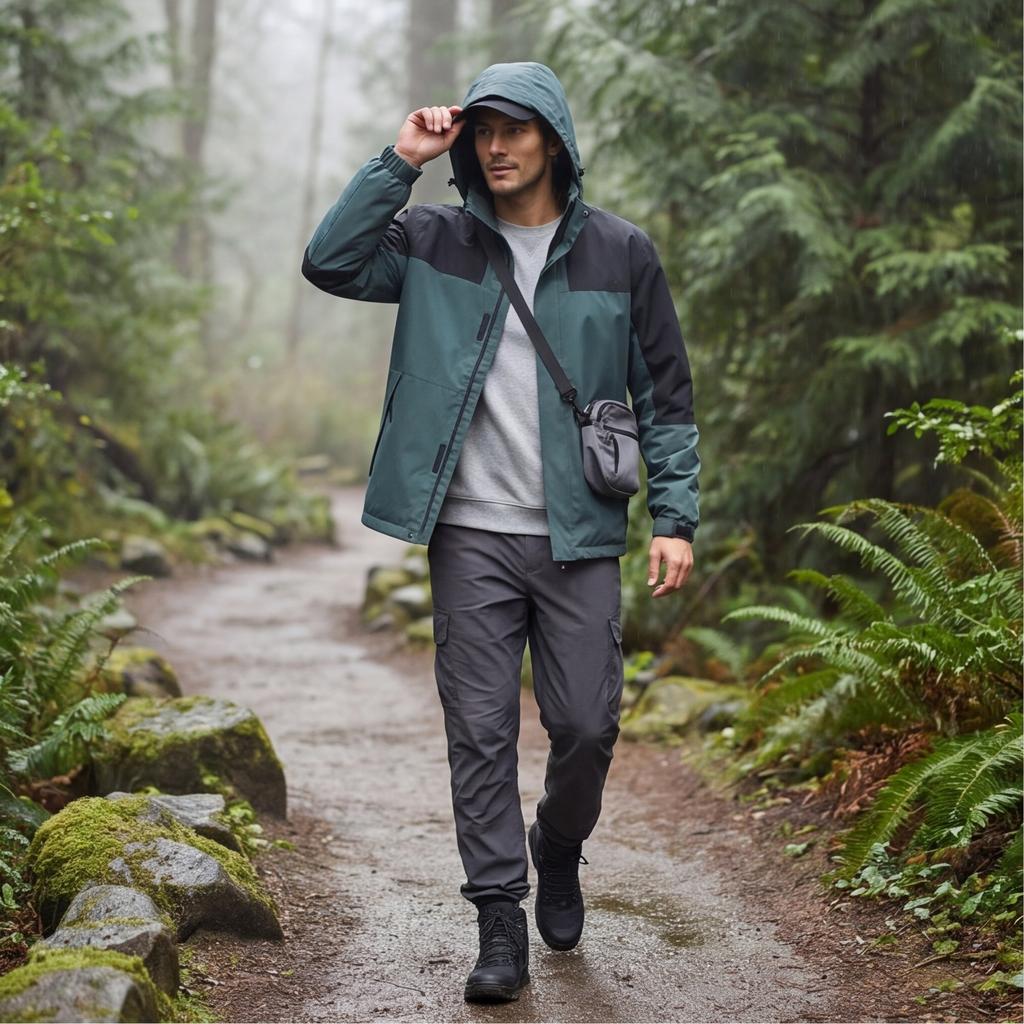 Unisex Lockere Passform Schulterabfall Farbblock Windjacke Mit Kapuze Outdoor Wasserdicht Shell Mantel