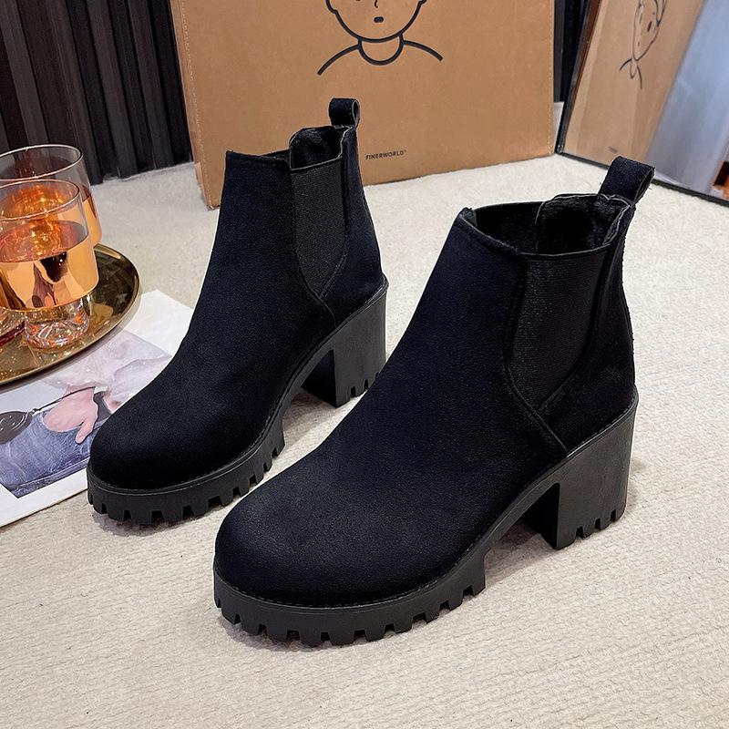 Fashion 2024 New Winter Casual Comfortable Thick Bottom Round Head Black Sexy Elegant British Style Warm Square Heel Short Boots