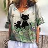 Summer V-neck 3D Cat Printed Top Fashionable Casual Short Sleeved Women's T-shirts