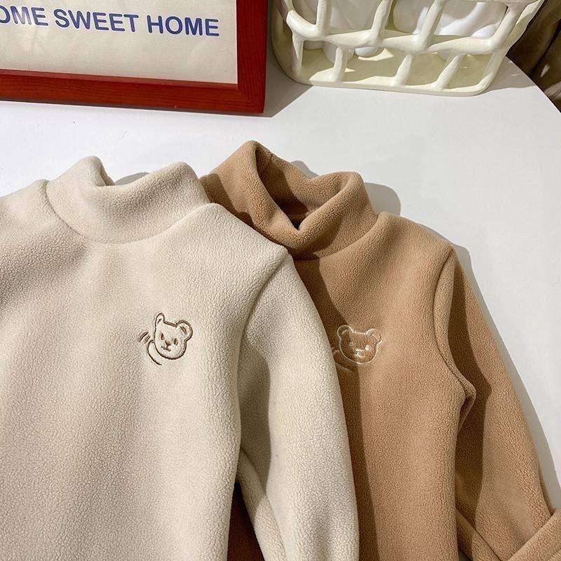 Kinder Herbst Winter Kleidung mit Samtverdickung für Mädchen Baby Stehkragen Jungen Warmes Bären-Sweatshirt Niedlicher Pullover mit Bärenstickerei