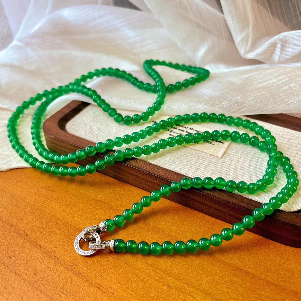 Vintage Vitreous Ice Jade Zhengyang Green Natural Ice Chrysoprase Necklace Agate Sweater Chain