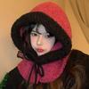 Two-color Spliced Plush Balaclava Hat Women's Winter Drawstring Warm Windproof Ear Protector Neck Pullover Hat