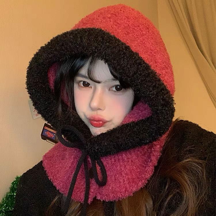 Two-color Spliced Plush Balaclava Hat Women's Winter Drawstring Warm Windproof Ear Protector Neck Pullover Hat