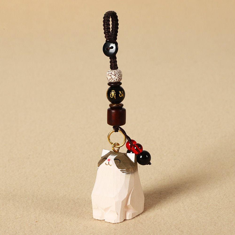 Weave Rope Wooden Carved Cat Keychain Beads Car Keyring Creative Wood Kitty Dolls Pendant  Students