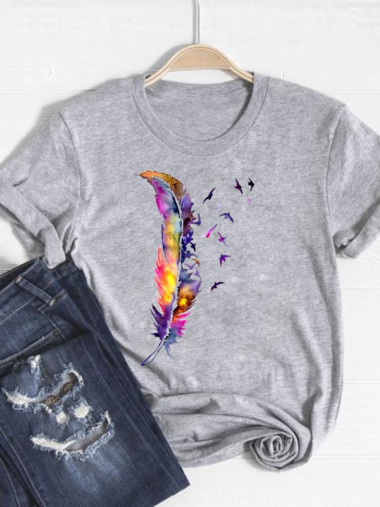 Print T Shirt Short Sleeve Flower Vintage Cute S Summer Top Fashion Clothes Women Clothing Gray Basic Tee Graphic Tshirt