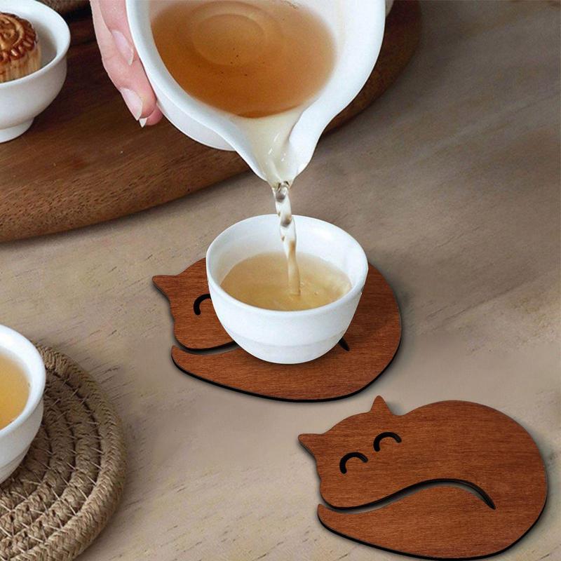 Wood Coasters Cat Shaped Coasters Set Rustic Coasters Heat Insulation Trivet Centerpiece For Coffee Table Drinking supplies
