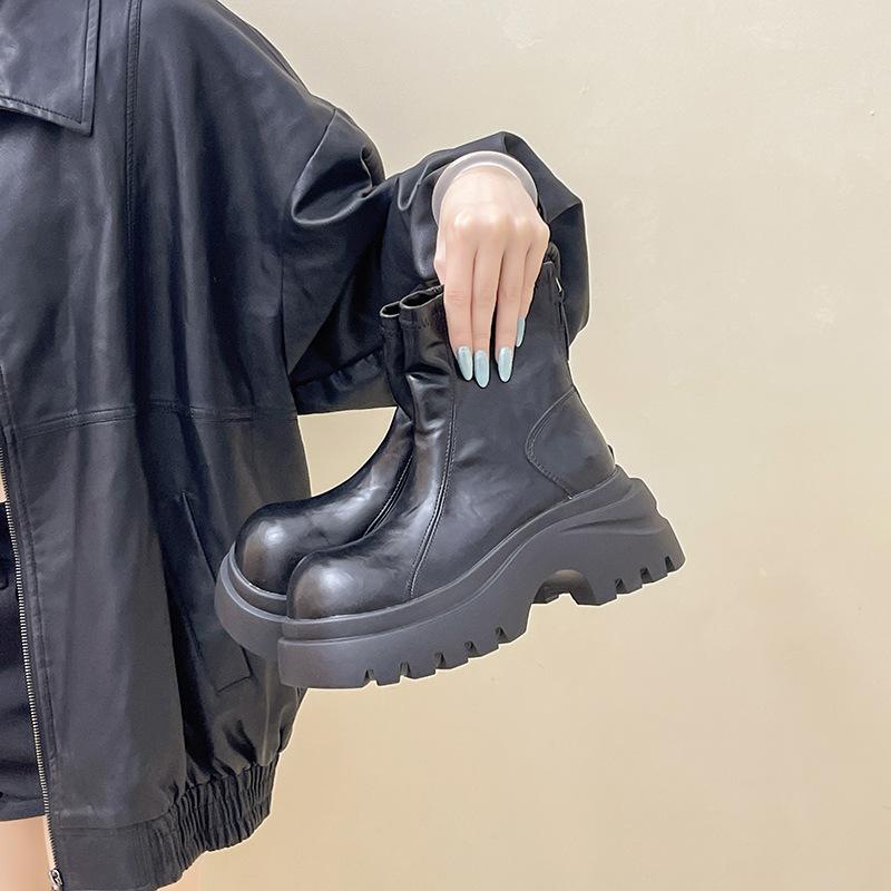 Retro British Leather Boots Thick-soled Martin Boots Women's Autumn and Winter Fashion Versatile and Comfortable Heightening Medium Heel Short Boots