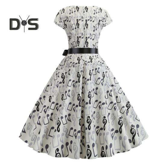Damenkleid mit Musikskalen-Print, Rundhalsausschnitt, Schleife, Gürtel, enge Taille, A-Linie, großer Saum, bunt, kurze Ärmel, Reißverschluss auf der Rückseite, Midikleid für Damen