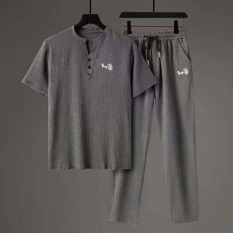 2024 Men's Chinese Style Embroidered Summer Sports Suit, V-Neck, Slim Casual Two-Piece