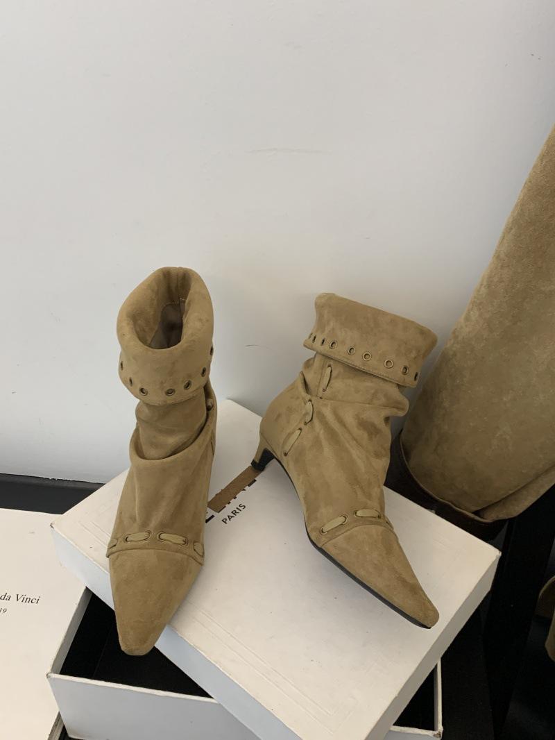 

2025 new autumn and winter suede soft sole comfortable pointed tip thin heel short boots women s shoes versatile thin boots low heel boots women s 39 хаки