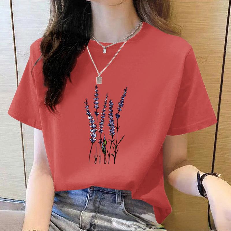 2025 Summer Loose Women's T-Shirt High Quality Lavender Pattern Printed Short Sleeve Women's Short Sleeve T-Shirt CCXX183