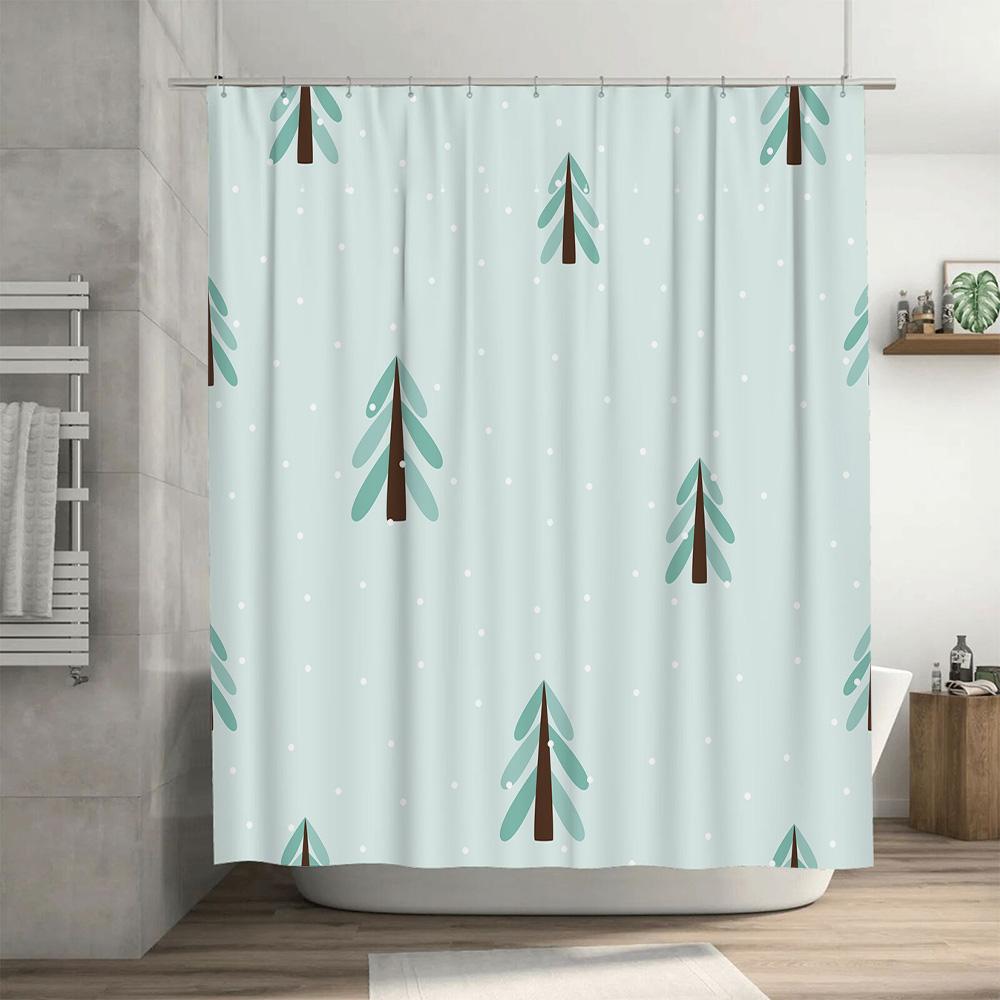 Winter-themed shower curtain made with waterproof polyester fabric featuring a cute Christmas tree print in mint green and brown
