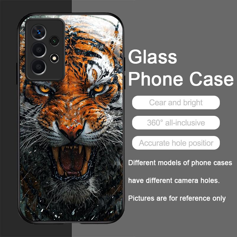 Gold-Schwarz Tigerstreifen Flammen-Print Gehärtetes Glas Handyhülle für Samsung Galaxy A56 A55 A54 A53 A52 A36 A14 A15 A16 A32 Cover