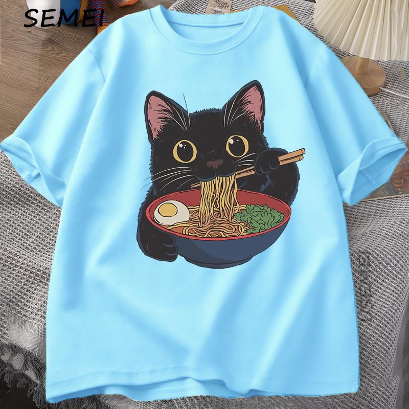 Ramen Katt T-shirt Kattälskare T-shirt Kawaii Tecknad Bomull Kortärmad T-shirts Barnkläder T-shirt Toppar