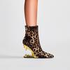 Fashion Kaky's New Leopard Print Pointed Toe High Heel Wolf Teeth Slope Heel Large Women's Boots Short Boots