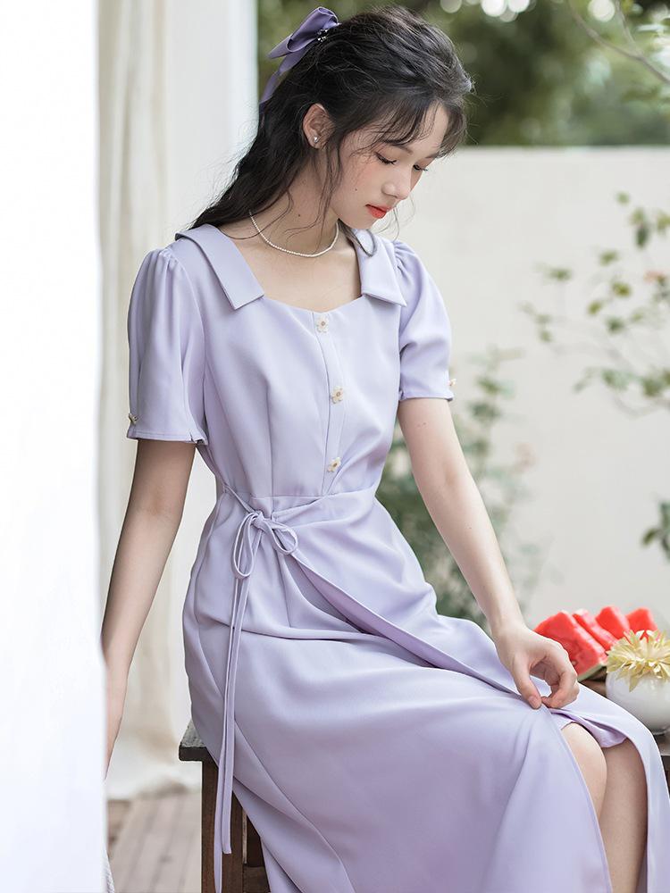 French Style Women's Summer Slimming Square Neck Long Dress