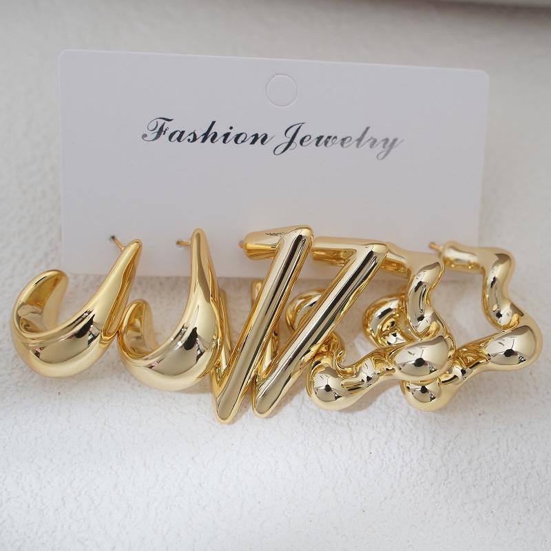 Luxury European & American Gold Water Drop Earrings - Creative Retro C-Shaped CCB Set