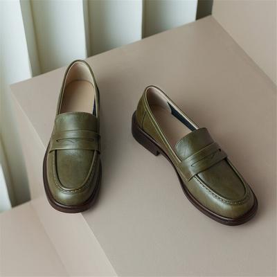 Fashion Spring Cow Leather Women Shoes Casual Round Toe Loafers Thick Heel Slip-On Shoes for Women Retro Women Pumps Zapatos De Mujer