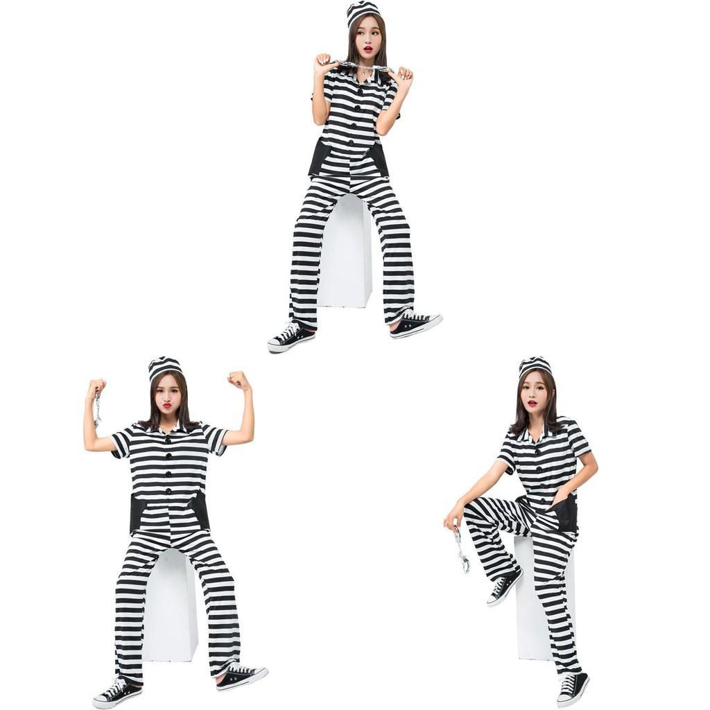 Striped Prisoner Cosplay Costume Jumpsuit For Halloween Stage Party Performance