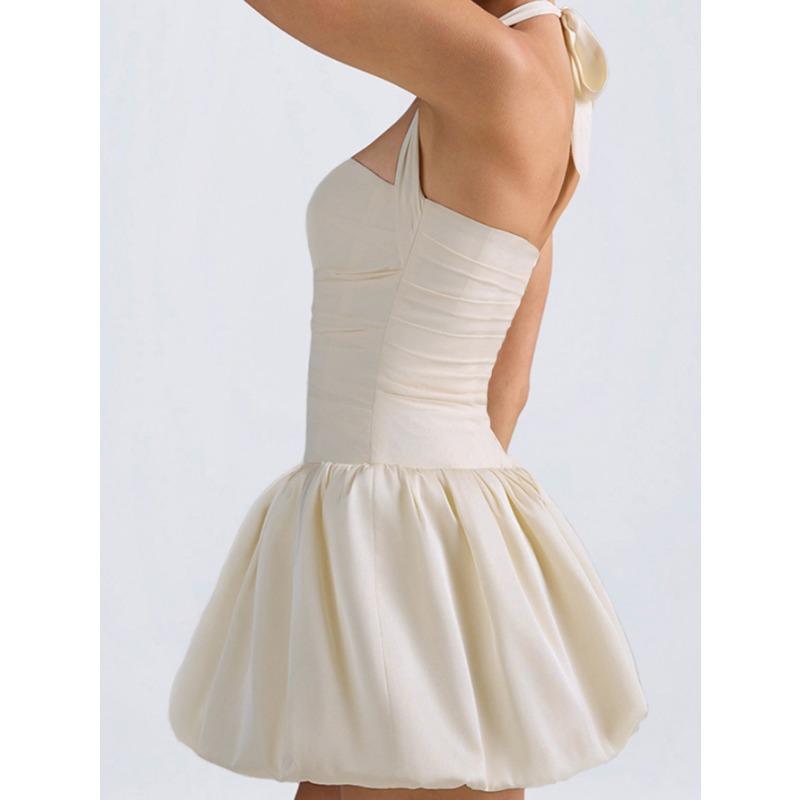 Women's Summer Pleated Backless Sexy Lace Up One Line Neck Princess Dress