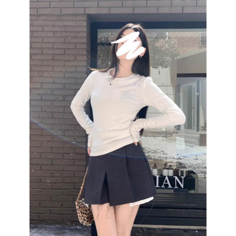 High-quality long-sleeved round neck front shoulder inner with small simple long-sleeved women s T-shirt S