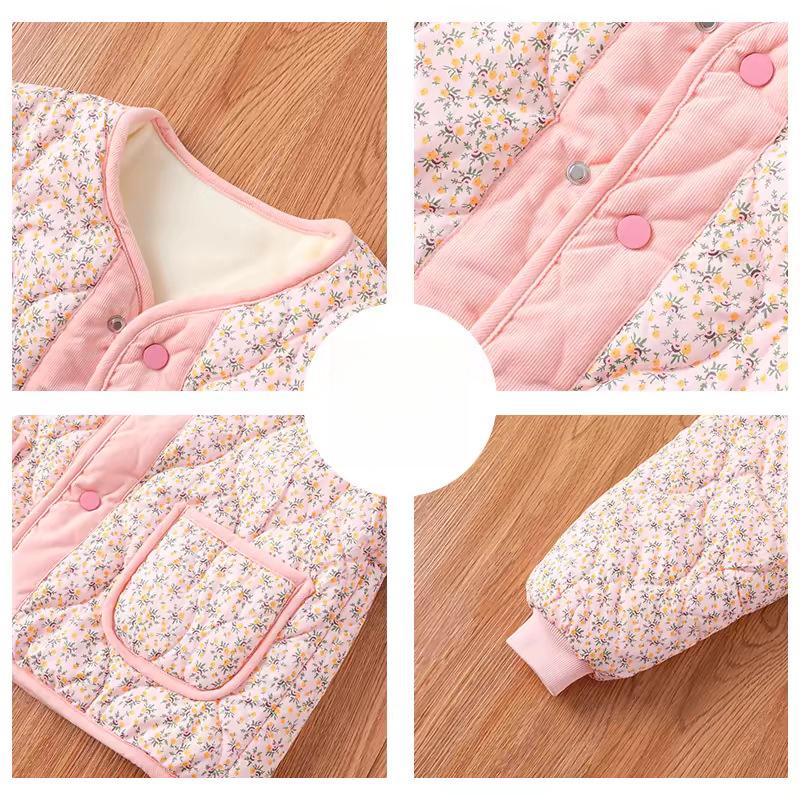 Nowa Dziewczęca Jesienno-Zimowa Polarowa Podszewka Koreański Styl Kwiatowy Bawełniany Pikowany Sztruksowa Stylowa Wewnętrzna Bawełniana Kurtka Dziecięcy Wszechstronny Bawełniany Płaszcz