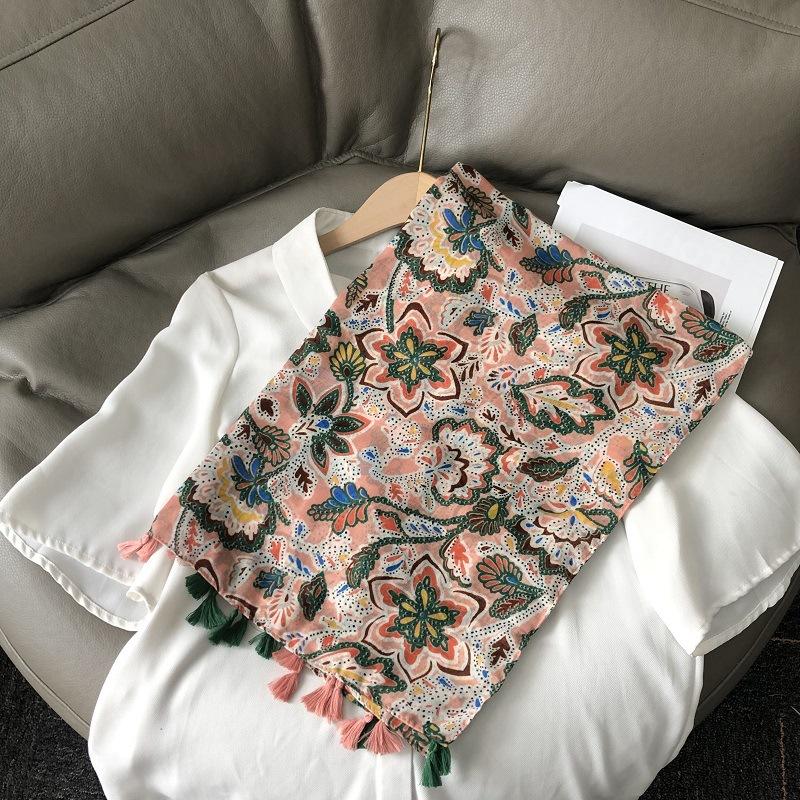 New Luxury Brand Lovely Floral Tassel Cotton Viscose Shawl Scarf Lady High Quality Soft Wrap Pashmina Stole Bufanda Muslim Hijab
