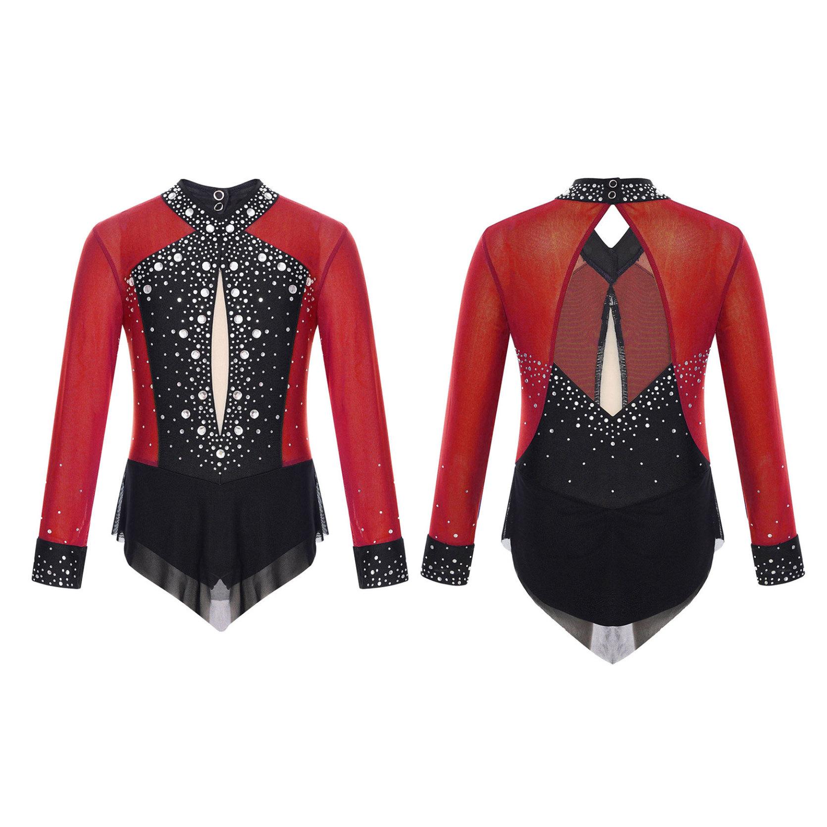 

Детское трико для балета и танцев для девочек, боди для фигурного катания, художественной гимнастики, блестящие стразы, сетчатый комбинезон с юбкой 13-14 Years бордовый