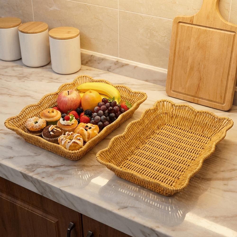 Plastic Hand Woven Storage Basket Large Capacity Fruit Plate Retro Bread Storage Tray Picnic