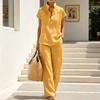 Yousheng Women Cotton Linen 2 Piece Sets Short Sleeve Button Up V Neck And Long Pants Summer Lounge Outfits with Pockets