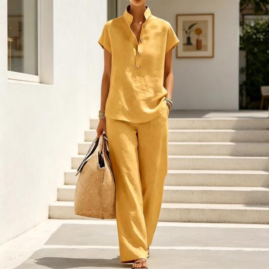 Yousheng Women Cotton Linen 2 Piece Sets Short Sleeve Button Up V Neck And Long Pants Summer Lounge Outfits with Pockets