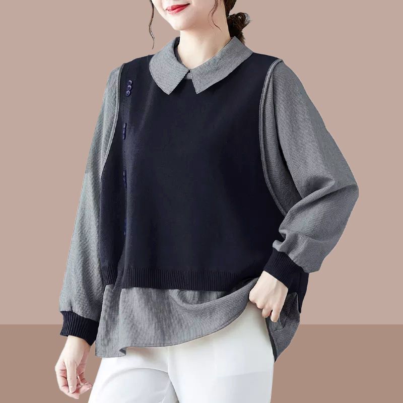 

Модный вязаный свитер с имитацией двух частей, свободная облегающая рубашка, элегантный повседневный топ на весну-осень XXXL темно-синий