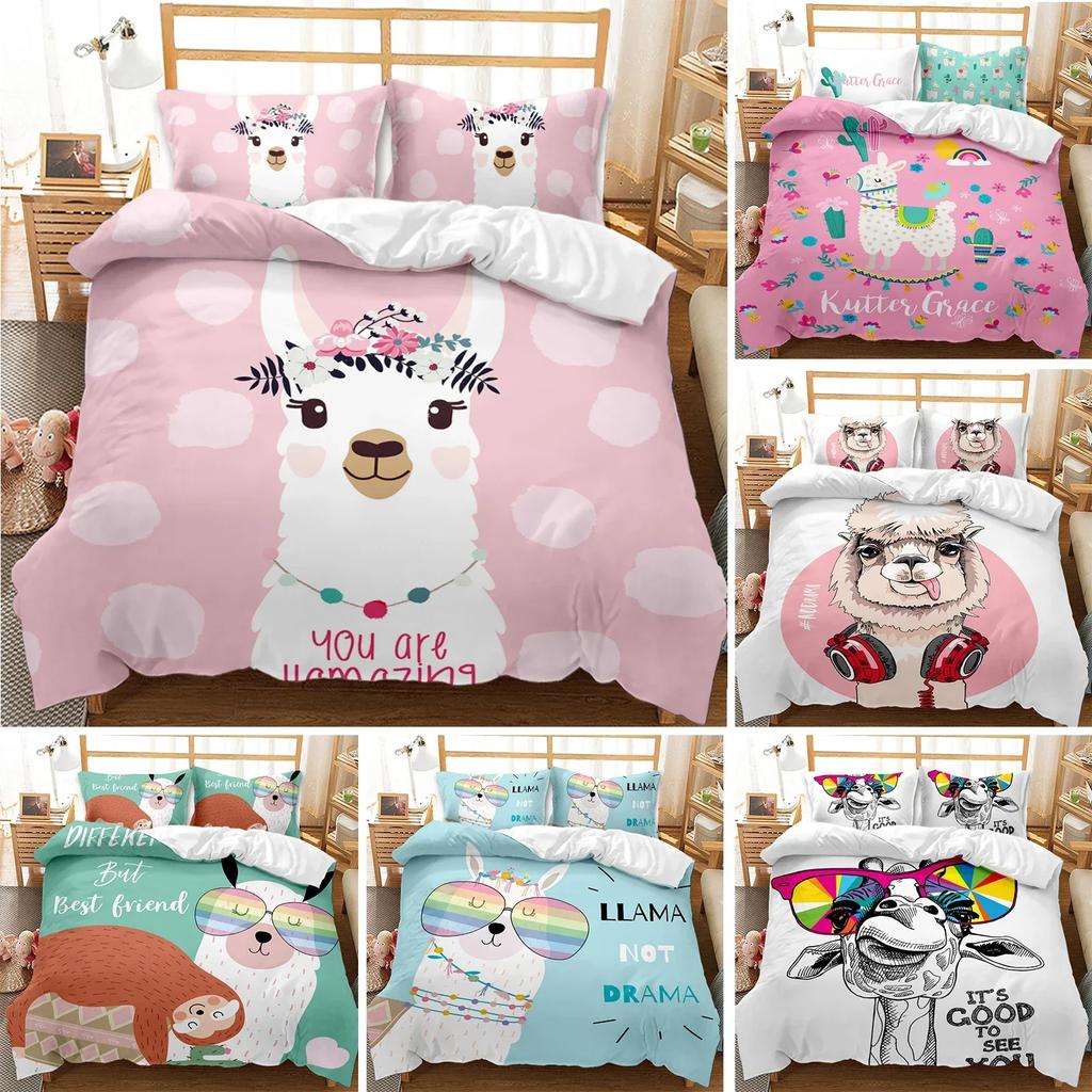 Llama Cute Alpacas Comfortable Duvet Quilt Cover Pillowcase Bedding Set Children Bedroom Decoration Home Textile