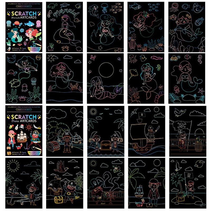 18 PCS Scratch Painting Papers Magic Rainbow Colored Drawing Set Space Animal Ocean Pirate Bamboo Stick Gifts for Boys Girls ZYF