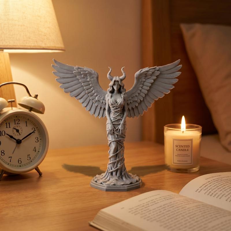 White Horned Angel 3D Print Statue Hand Carved Wings Art Piece for Home Office Thanksgiving Gift