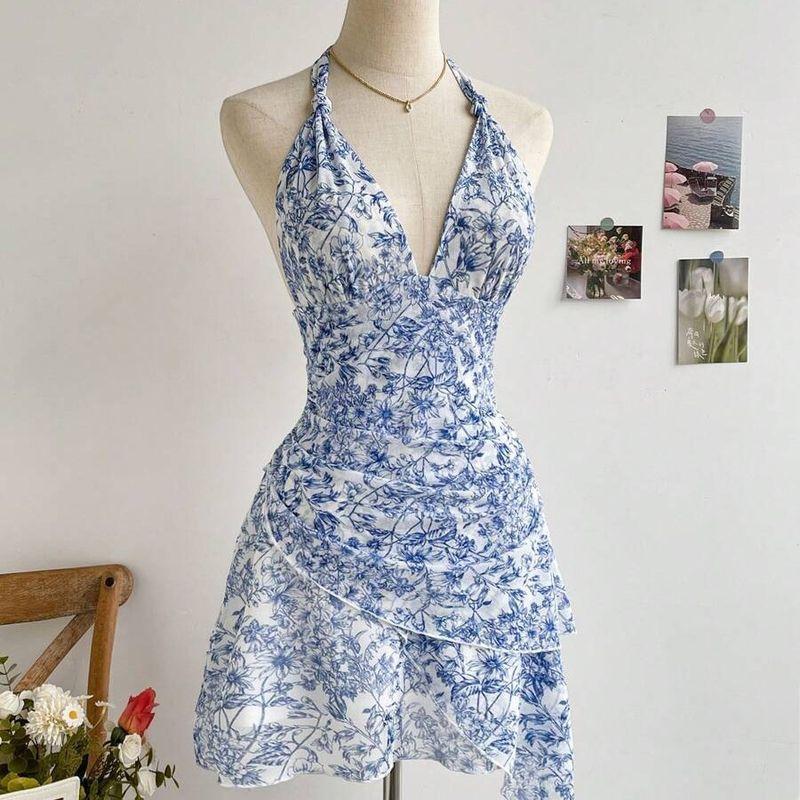 

2025 Fashion Step New Blue Color Floral Dress Fashion Temperament Leisure Sweet Mesh Slim Fit Dress Blue L