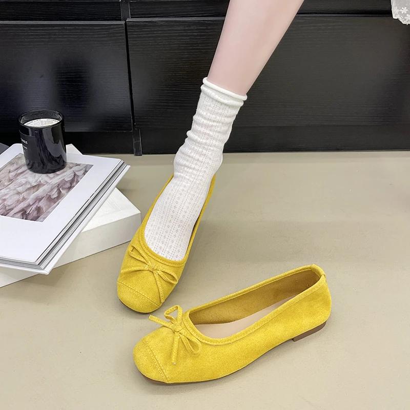 

2025Замшевые балетки новая женская мягкая и модная легкая обувь французский маленький аромат бант элегантная и удобная обувь 38 жёлтый