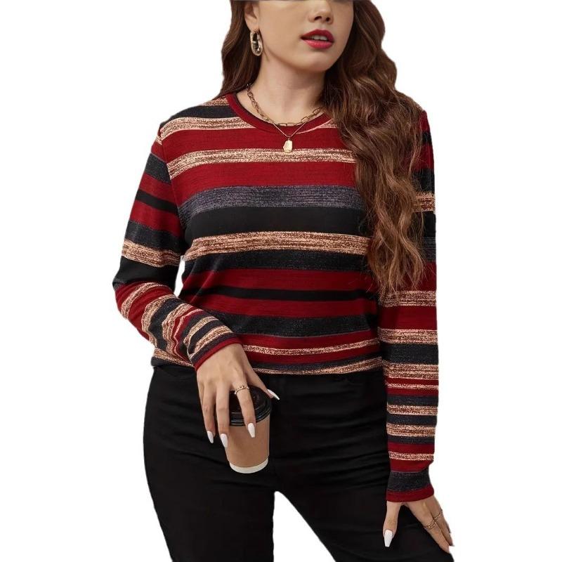 Women S Plus Size Long Sleeve Crew Neck Striped T Shirt Casual Spring Autumn