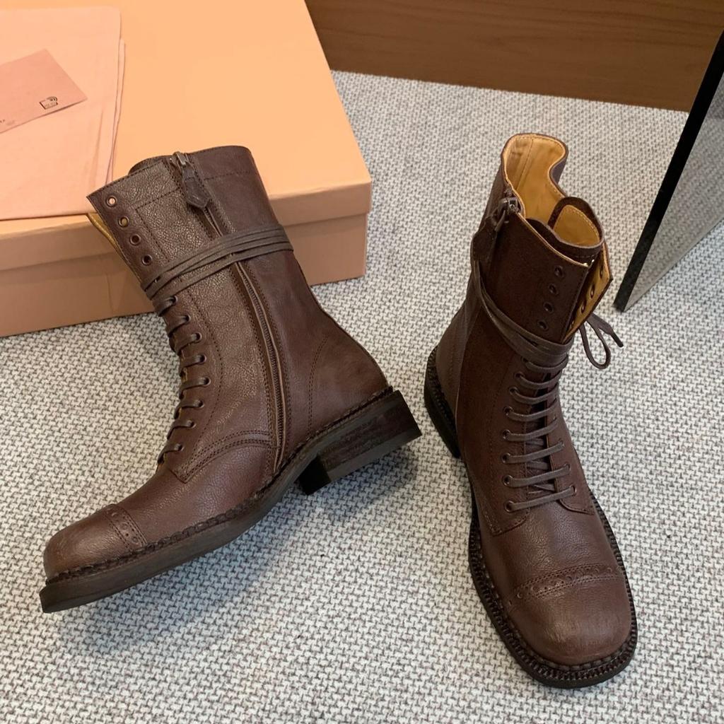Big Tube Circumference Catwalk Model Retro Style Martin Boots 2025 New Lace-up Locomotive Boots Polished Leather Knight Boots