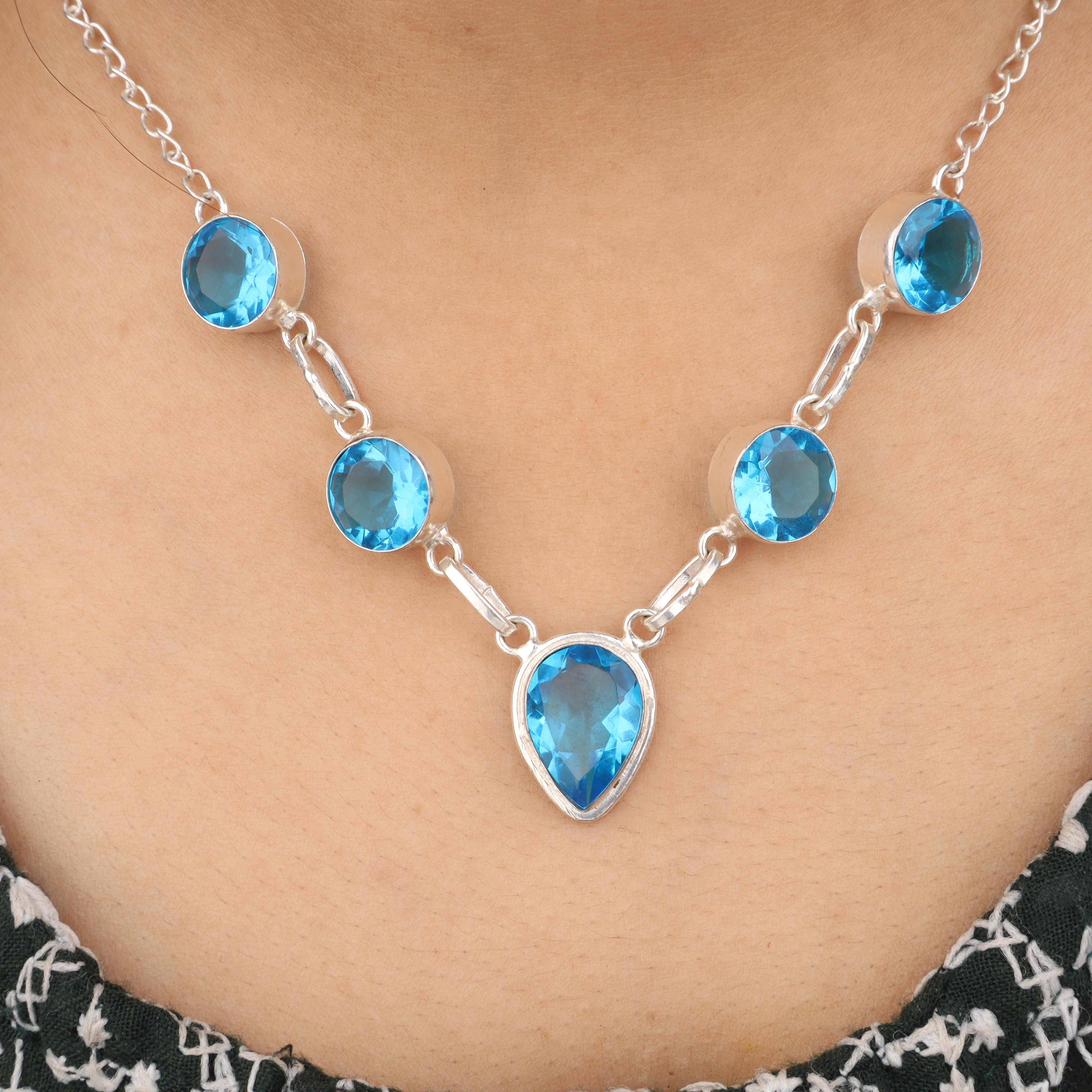 

Натуральный швейцарский голубой топаз драгоценный камень серебряное колье 925 стерлинговое серебро ручной работы колье 16-18 для нее RN-3-12