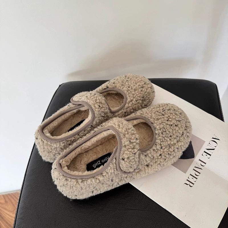 Delikatny wieczorny wiatr morelowe puszyste buty damskie do noszenia jesienią i zimą, aksamitne ciepłe, płytkie buty Mary Jane, buty Doudou, buty bawełniane
