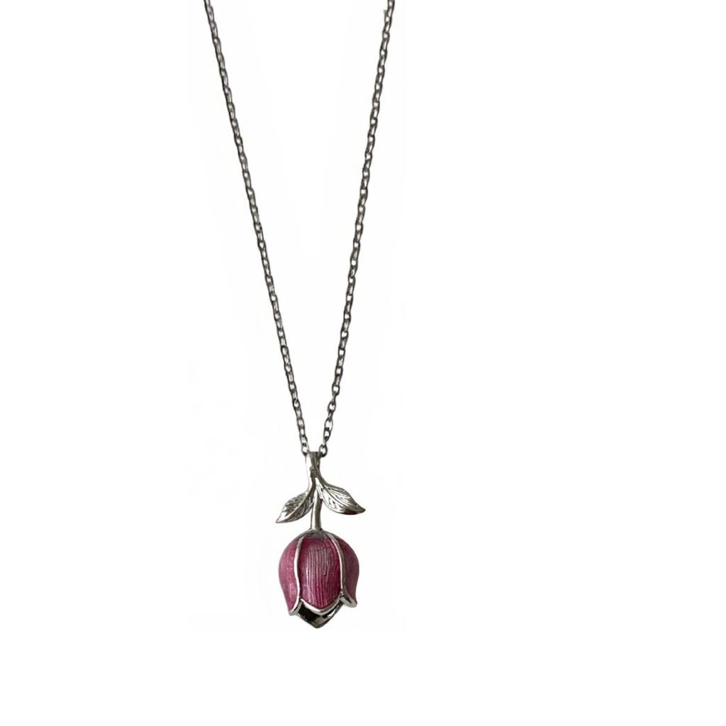 PANJBJ 925 Sterling Silver Flower Tulip Necklace for Women Leaf Drip Glaze Sweet Creativity Jewelry Party Gift Dropshipping