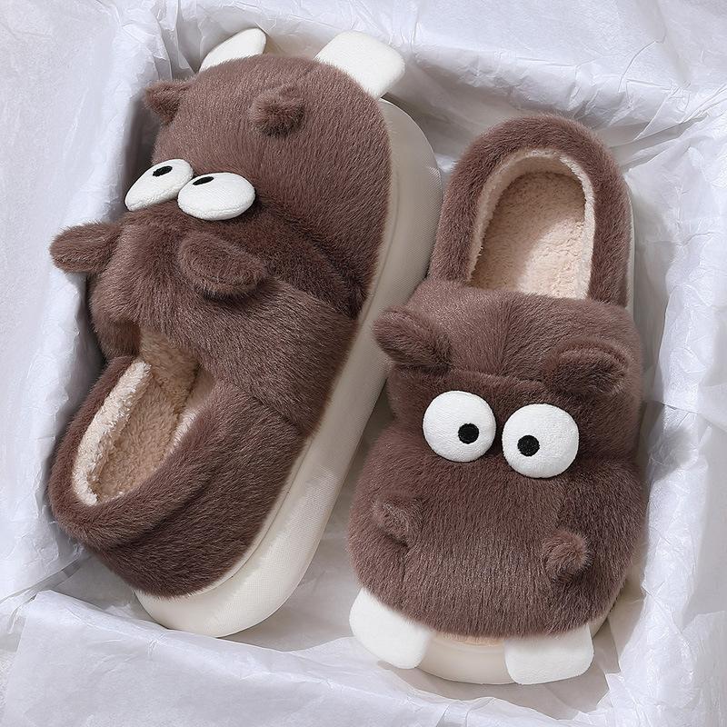 Cartoon hippo cotton shoes women's winter indoor home hair slippers cute warm velvet soft-soled cotton slippers men
