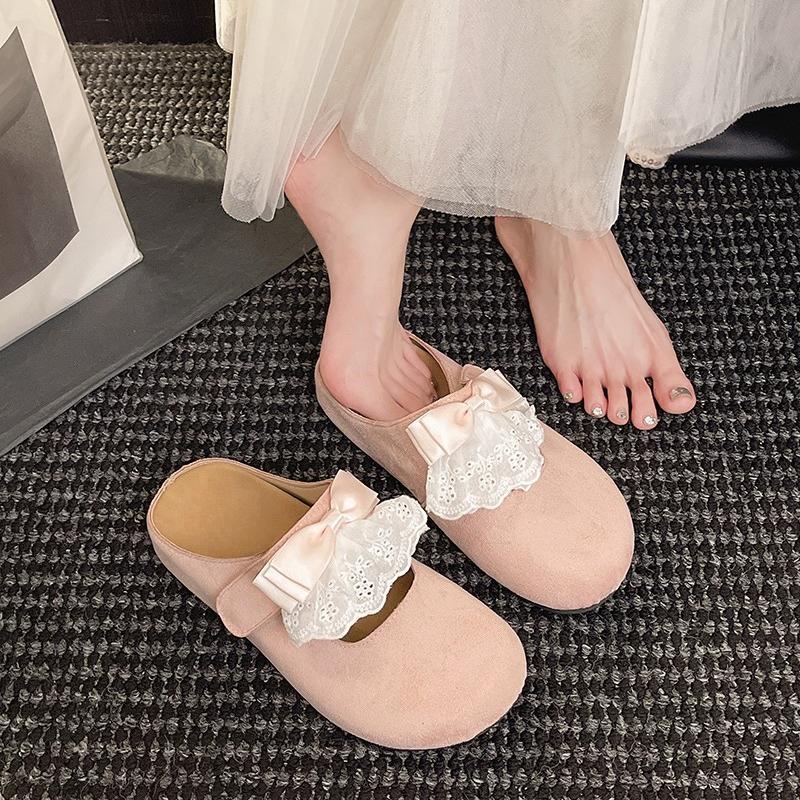 Modische Schleifen-Baotou-Slipper Herbst Neu Runde Zehenpartie Tiefer Ausschnitt Rutschfest Verschleißfest Flacher Boden Halber Mow