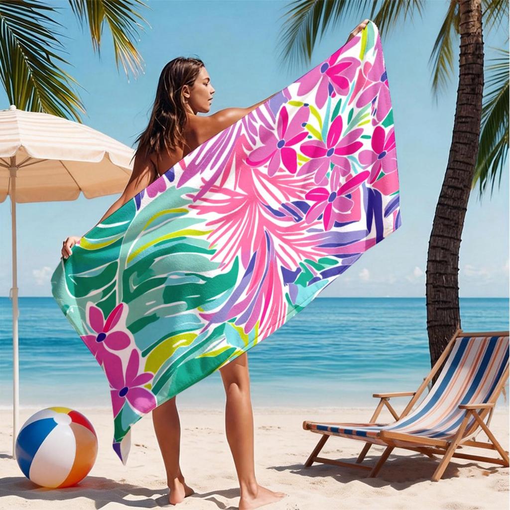 Vibrant Leaf Flower Microfiber Beach Towel 2D Flat Printed Waterproof Sandproof Travel Bath Towel For Seaside Holiday