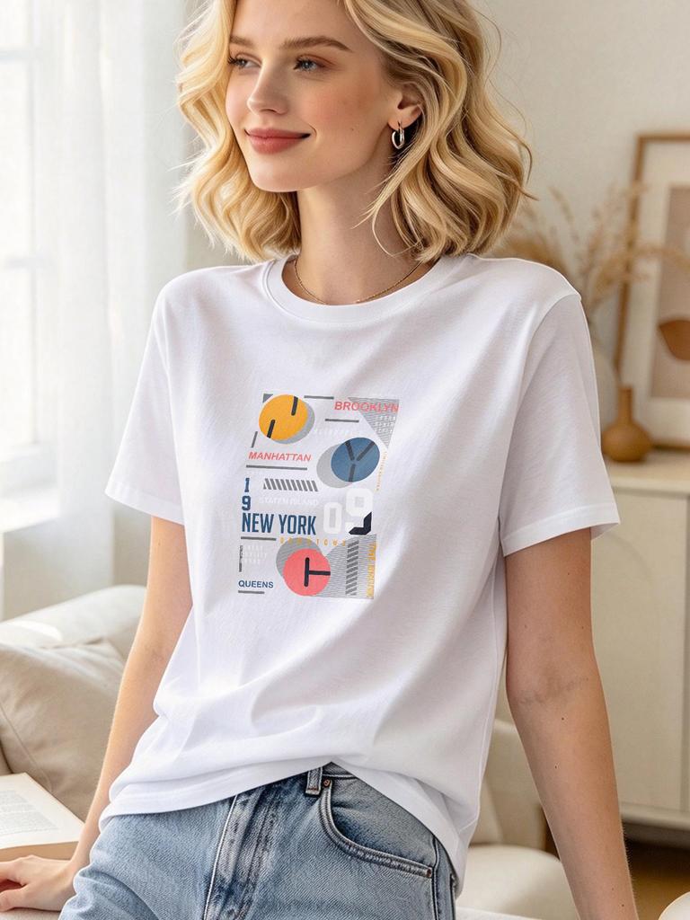 New York Print Casual Soft Comfortable Short Sleeve Fashion Versatile Daily Basic Top for Men Women