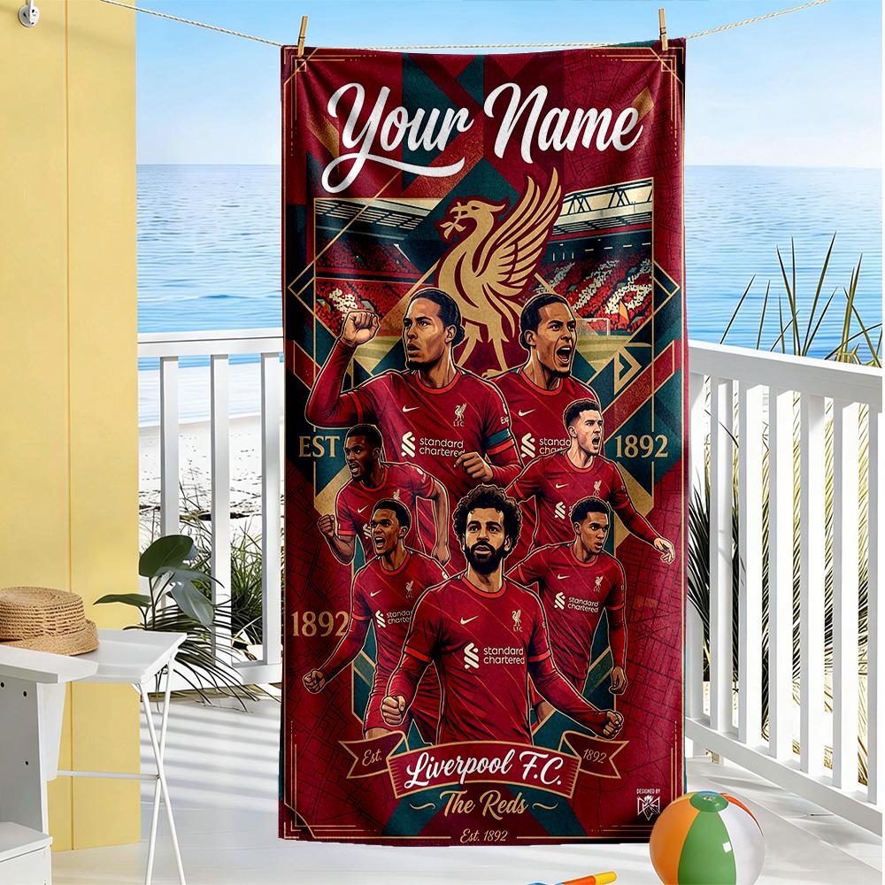 Liverpool FC Personalisiertes Strandtuch mit Ihrem Namen Superweich Saugfähig Geeignet für Schwimmen Fitnessstudio Camping Yoga Urlaub
