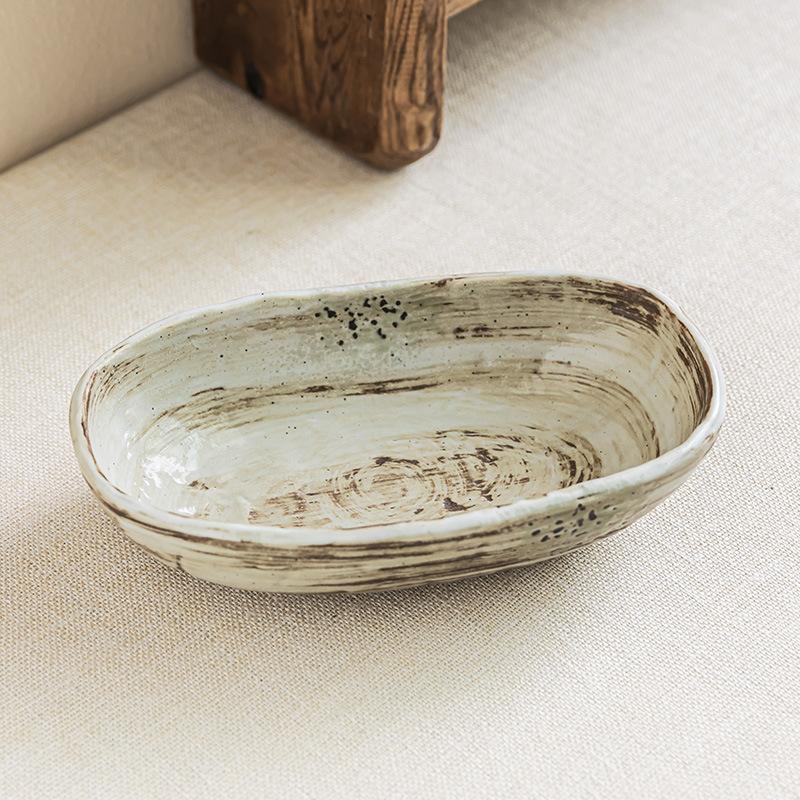 Minimalist Style Coarse Pottery Long Bowl Ceramic Bowl Restaurant Surprise Feeling Tableware Large Bowl Salad Bowl Household Bowl